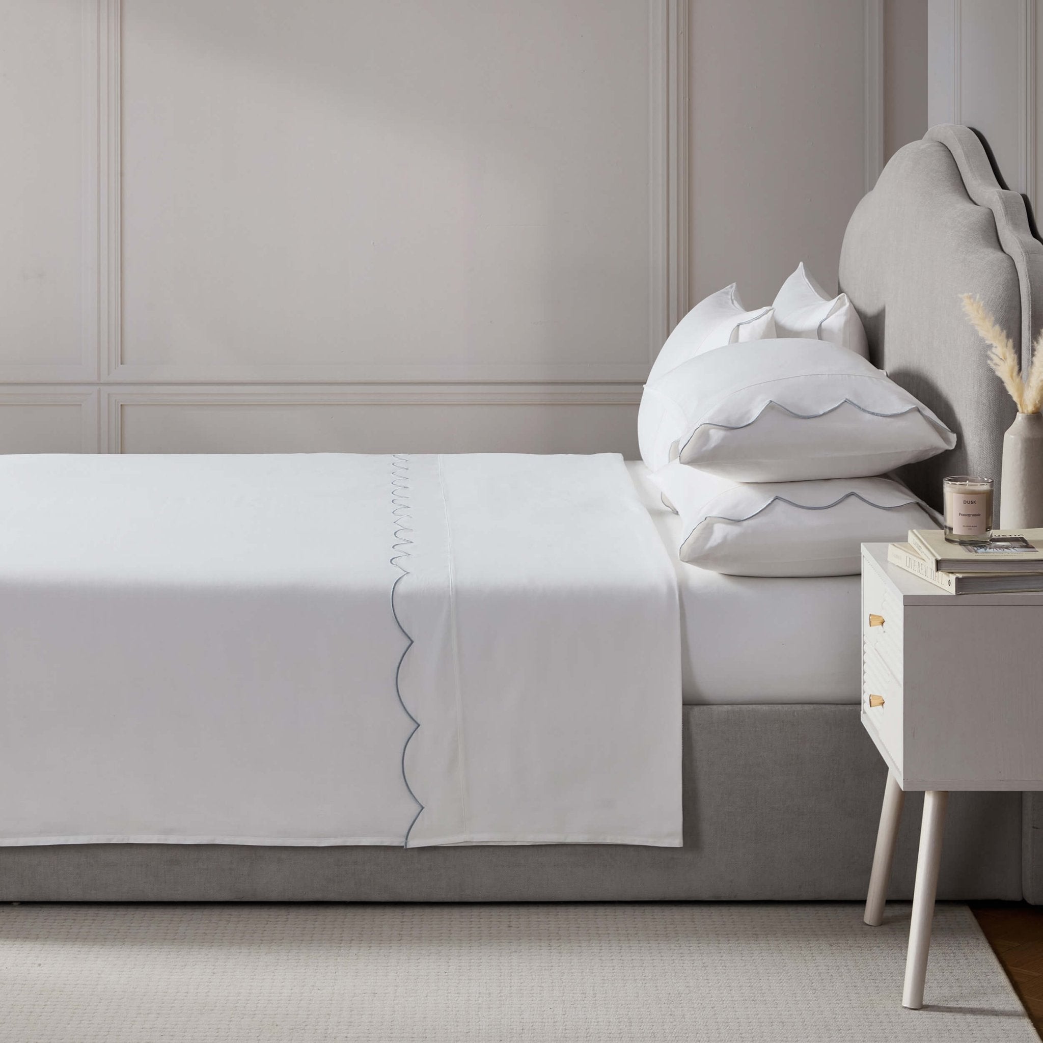 Simone Scallop Embroidered Edge Flat Sheet - White/Blue - DUSK