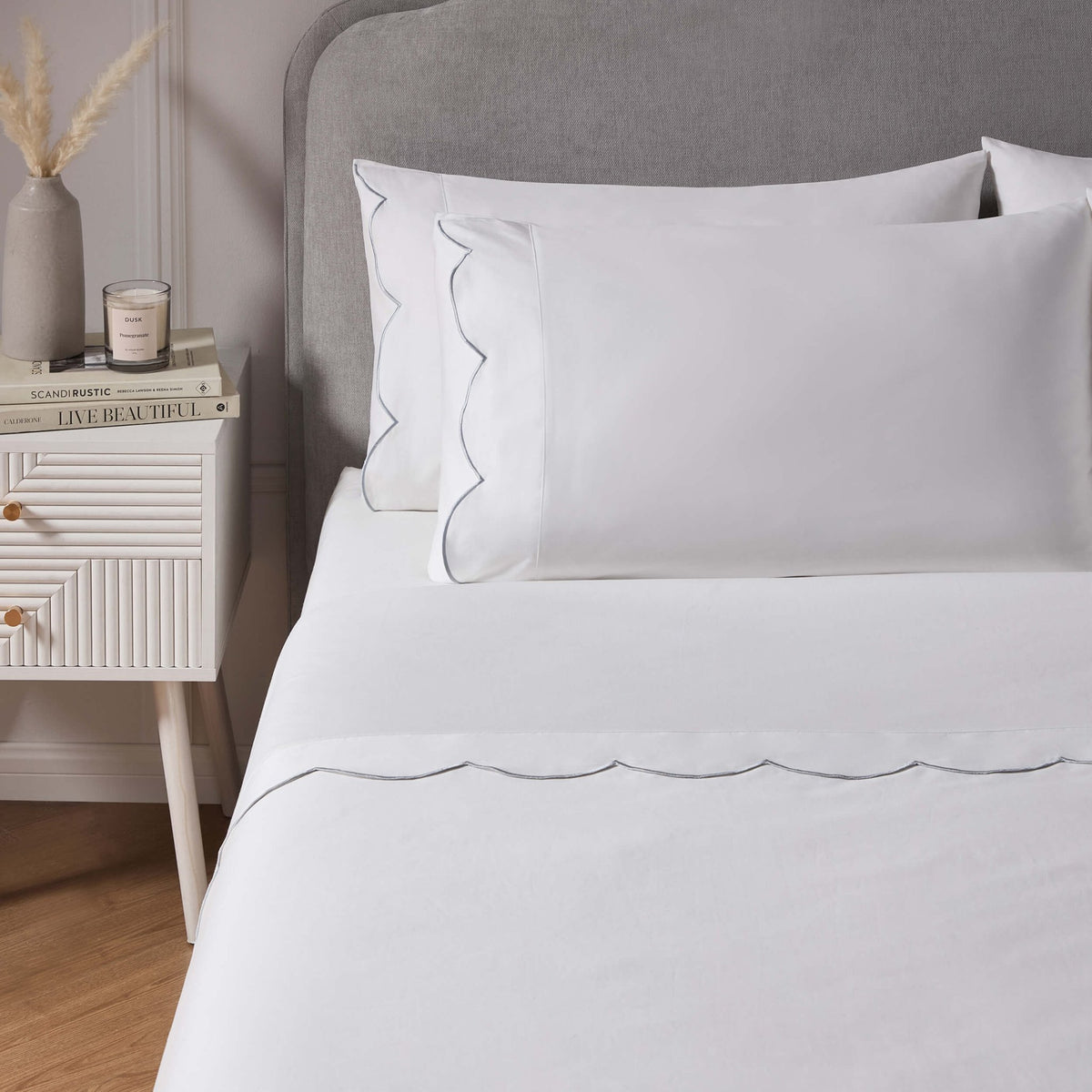 Simone Scallop Embroidered Edge Flat Sheet - White/Blue - DUSK