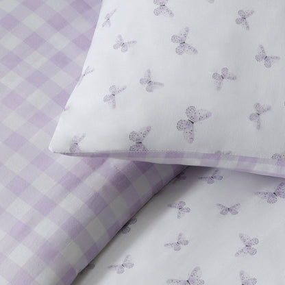 Sophie Reversible Butterfly/Gingham 100% Cotton Duvet Cover Set - DUSK