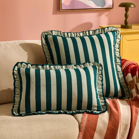 Stripe Frill Edge Sofa Cushion Cover - Green - DUSK