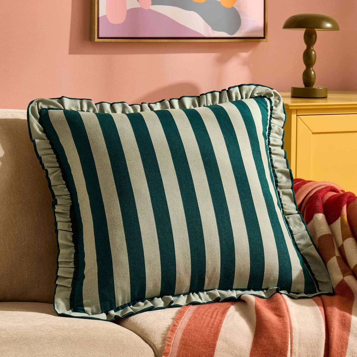 Stripe Frill Edge Sofa Cushion Cover - Green - DUSK