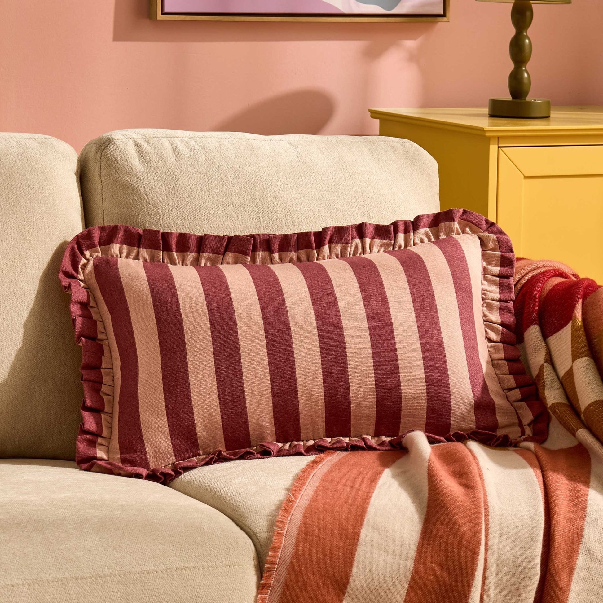 Stripe Frill Edge Sofa Cushion Cover - Pink - DUSK