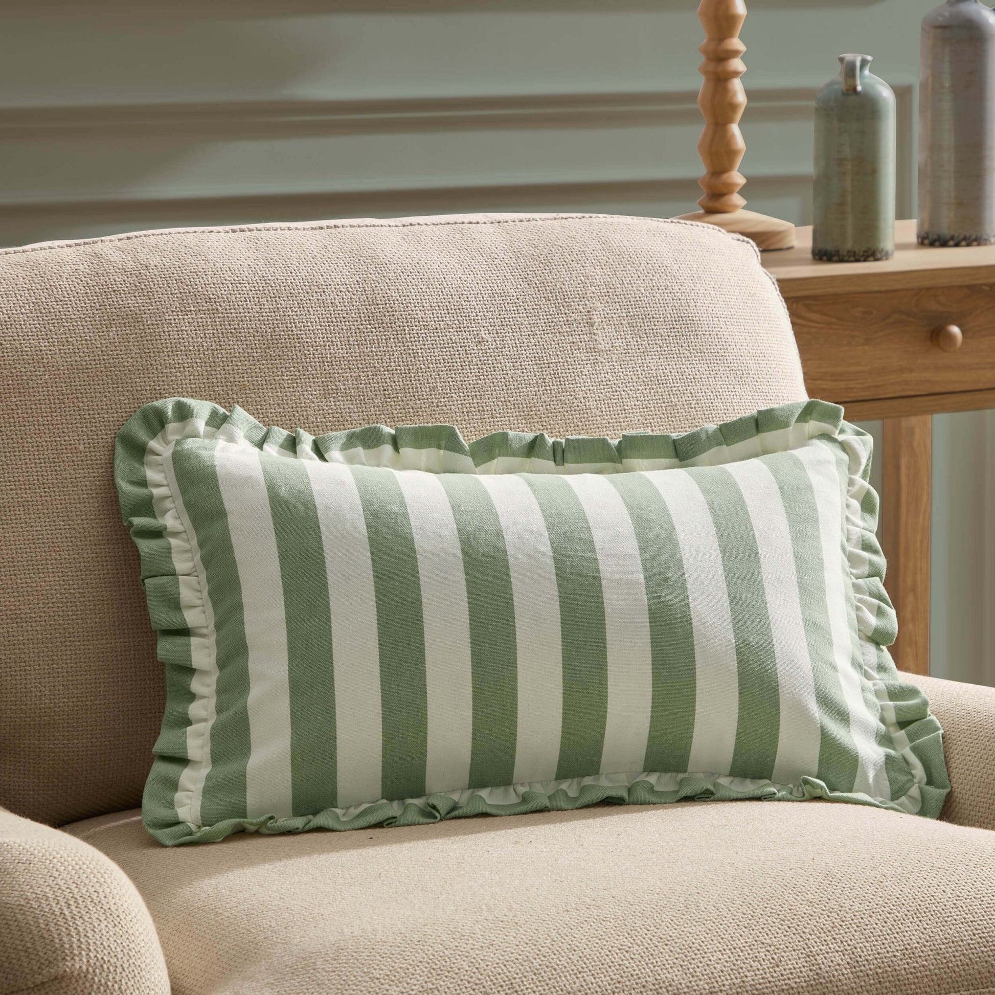 Stripe Frill Edge Sofa Cushion Cover - Sage - DUSK