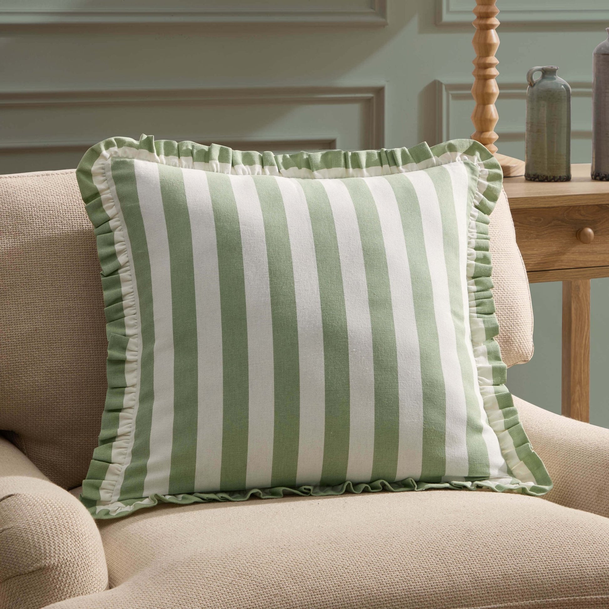 Stripe Frill Edge Sofa Cushion Cover - Sage - DUSK