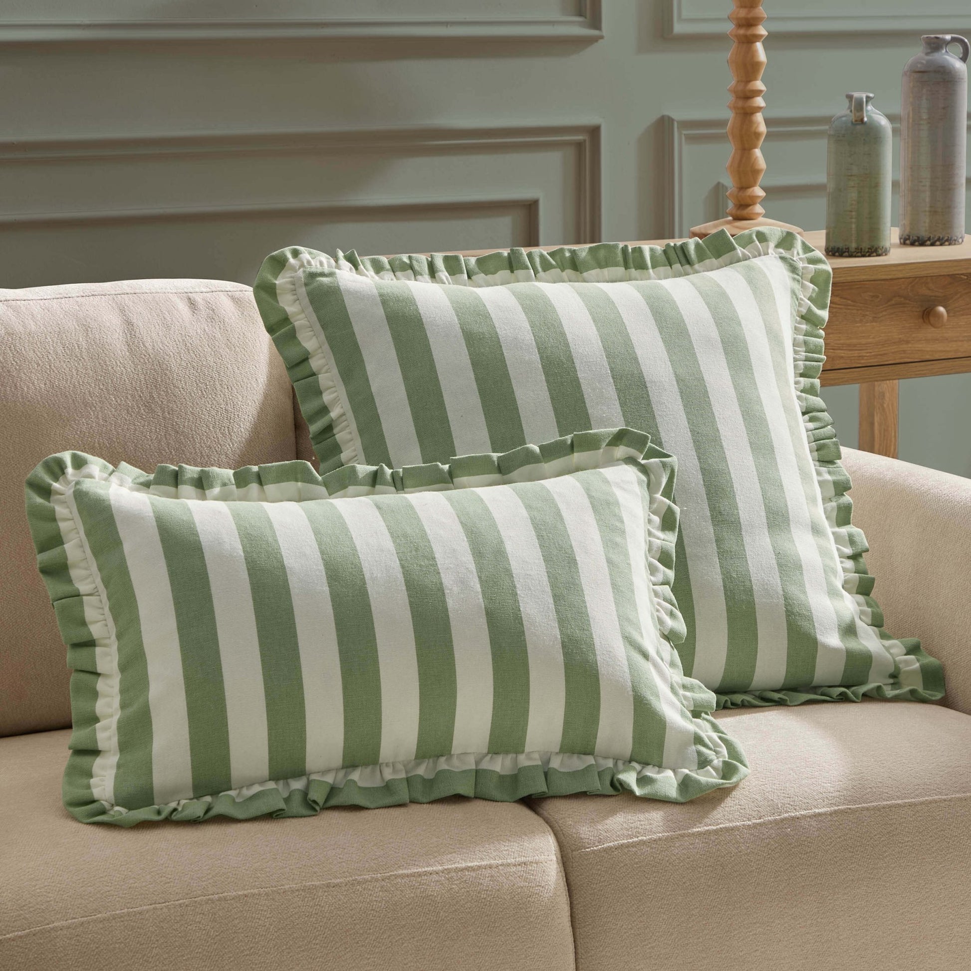 Stripe Frill Edge Sofa Cushion Cover - Sage - DUSK