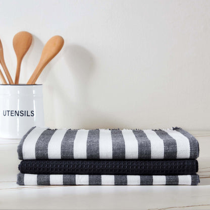 Stripe Fringed Edge Tea Towels - Pack of 3 - Navy - DUSK