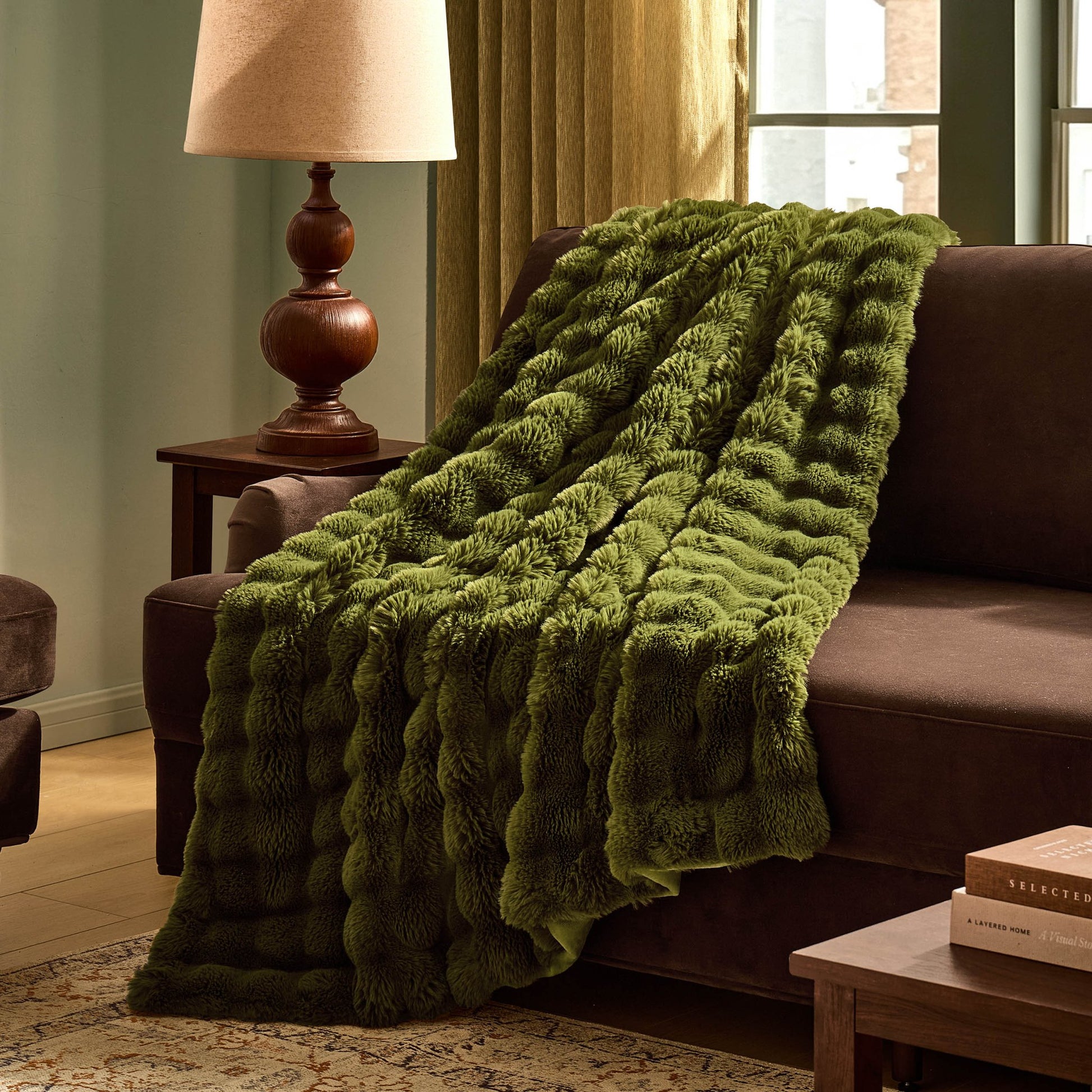 Super Soft Bobble Faux Fur Sofa Throw - Green - DUSK