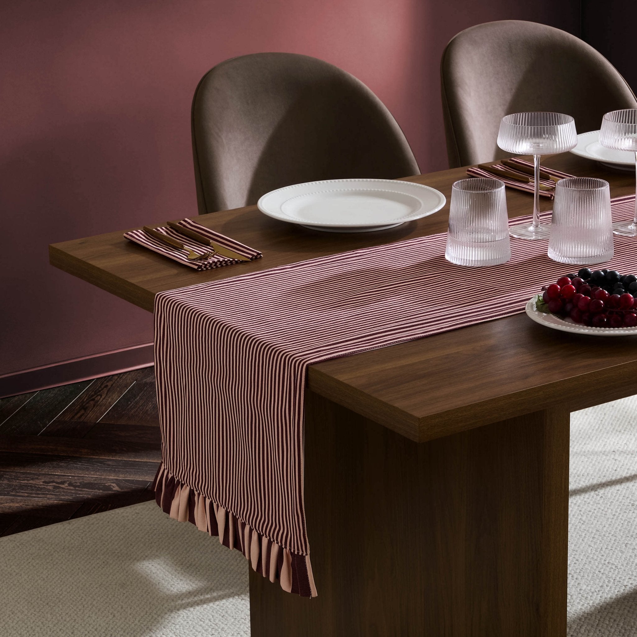 Tabitha Striped Frill Edge Table Runner - Pink - DUSK