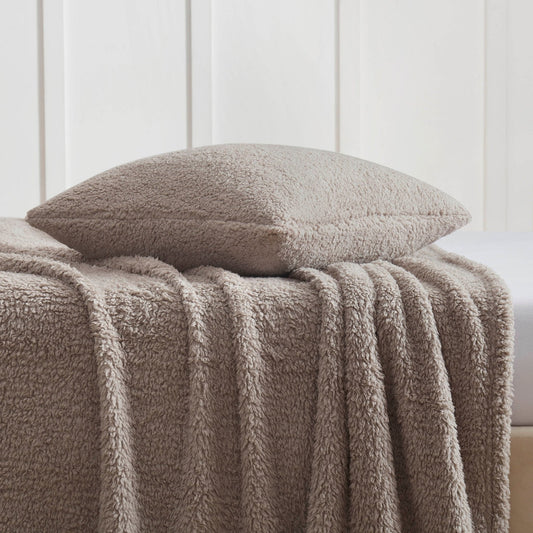 Teddy Fleece Throw and x2 50x50 Cushion Cover Set - Taupe - DUSK