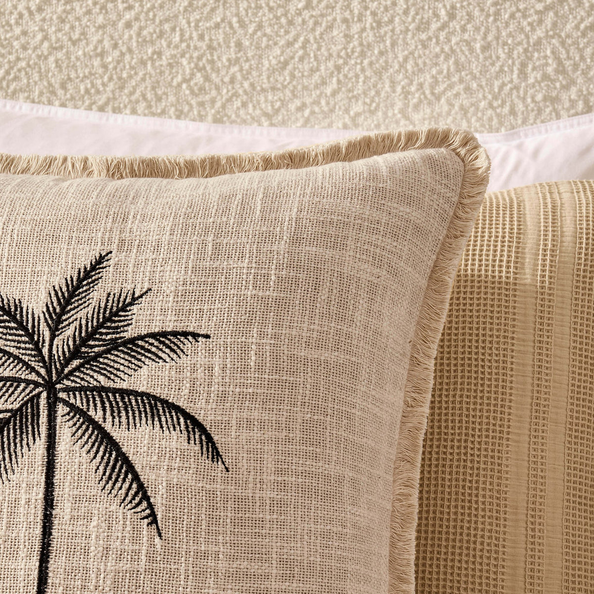 Tufted Edge Embroidered Palm Tree Cushion Cover - Off White - DUSK