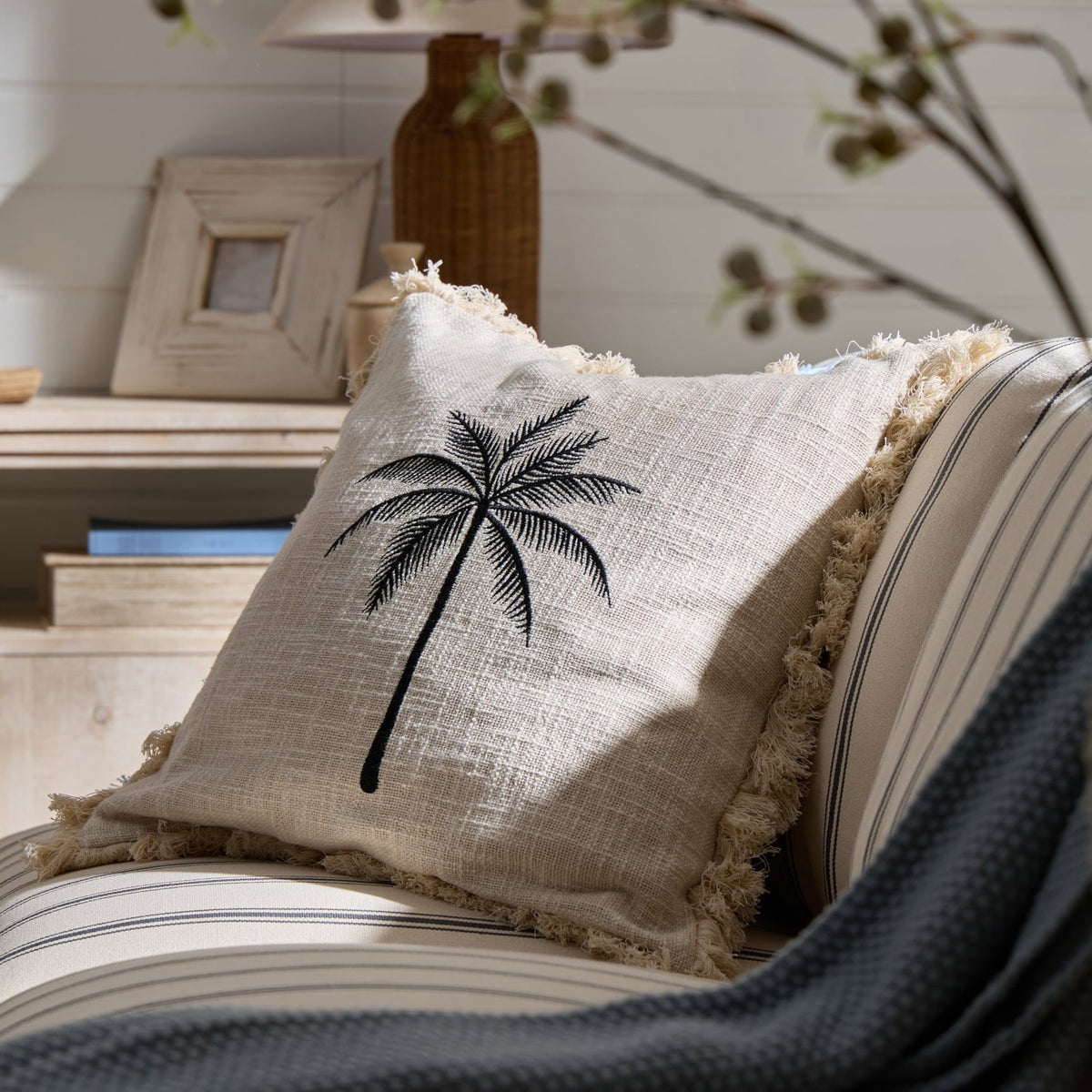 Tufted Edge Embroidered Palm Tree Sofa Cushion Cover - Off White - DUSK