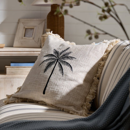 Tufted Edge Embroidered Palm Tree Sofa Cushion Cover - Off White - DUSK