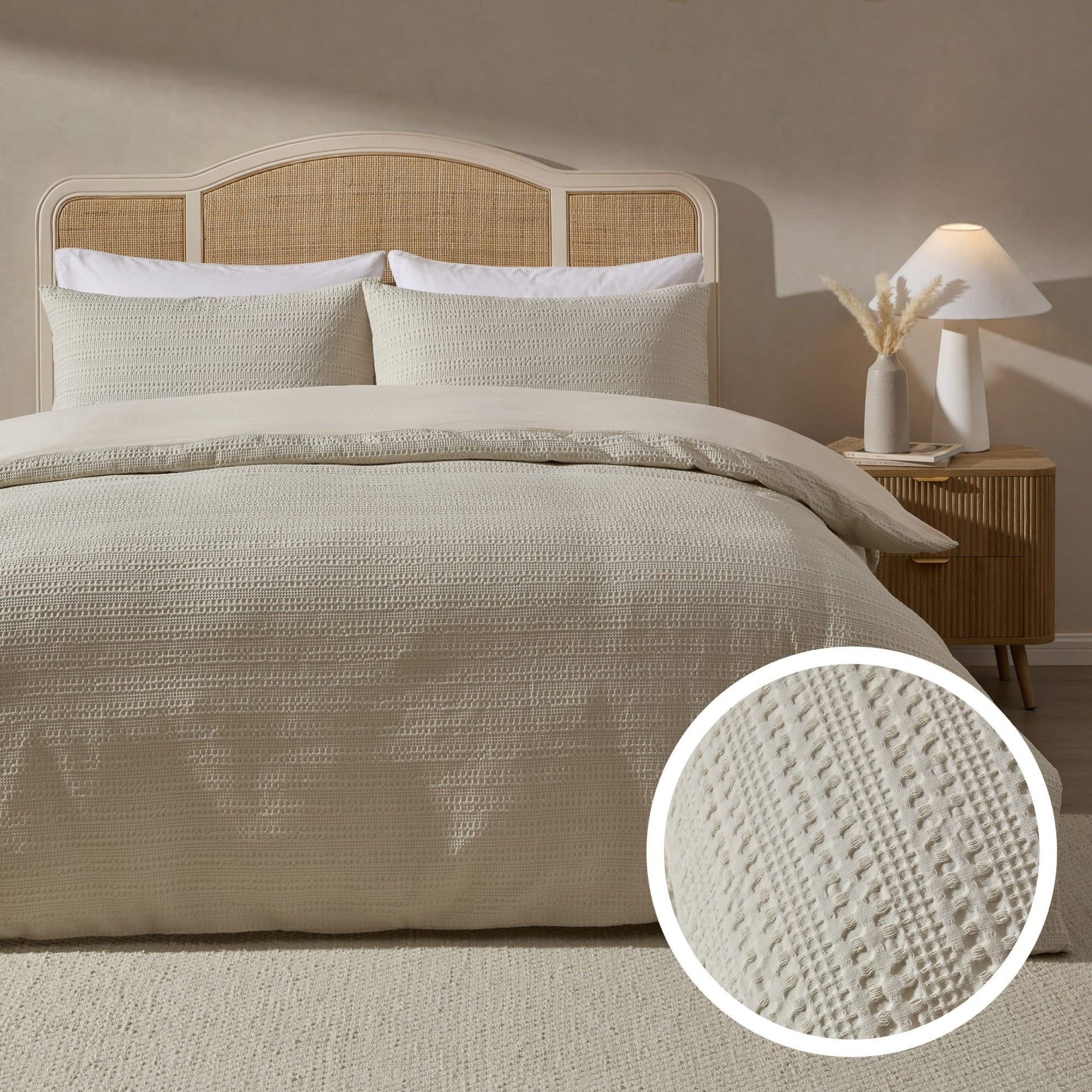 Vermont 180 Thread Count Waffle Duvet Cover & Pillowcase Set - Ecru - DUSK