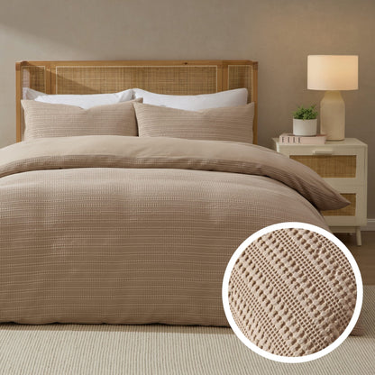 Vermont 180 Thread Count Waffle Duvet Cover & Pillowcase Set - Mocha - DUSK