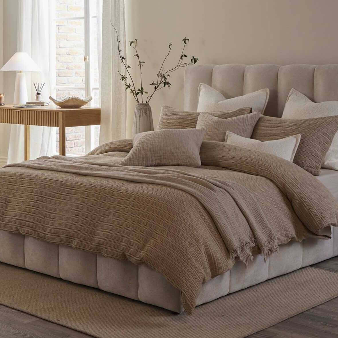Vermont 180 Thread Count Waffle Duvet Cover & Pillowcase Set - Mocha - DUSK