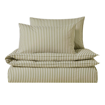 Washed Cotton Printed Stripe 200 Thread Count Duvet Cover & Pillowcase Set - Olive - DUSK