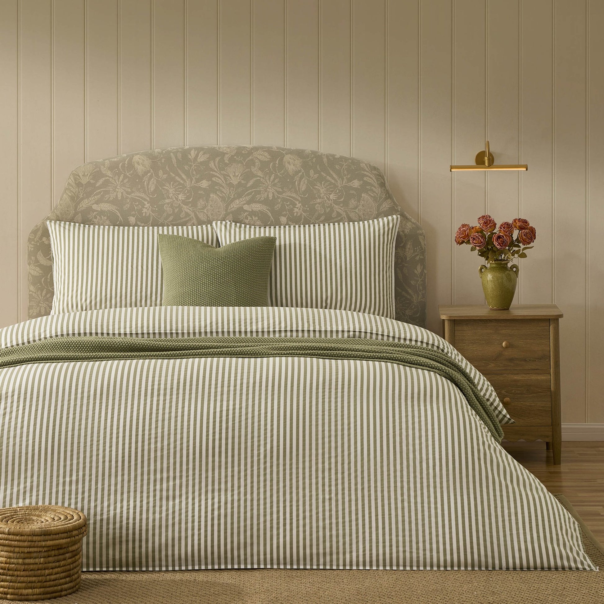 Washed Cotton Printed Stripe 200 Thread Count Duvet Cover & Pillowcase Set - Olive - DUSK