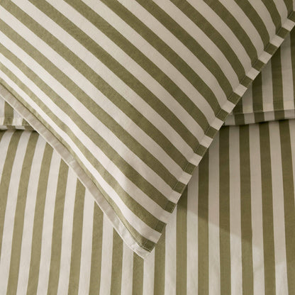 Washed Cotton Printed Stripe 200 Thread Count Duvet Cover & Pillowcase Set - Olive - DUSK