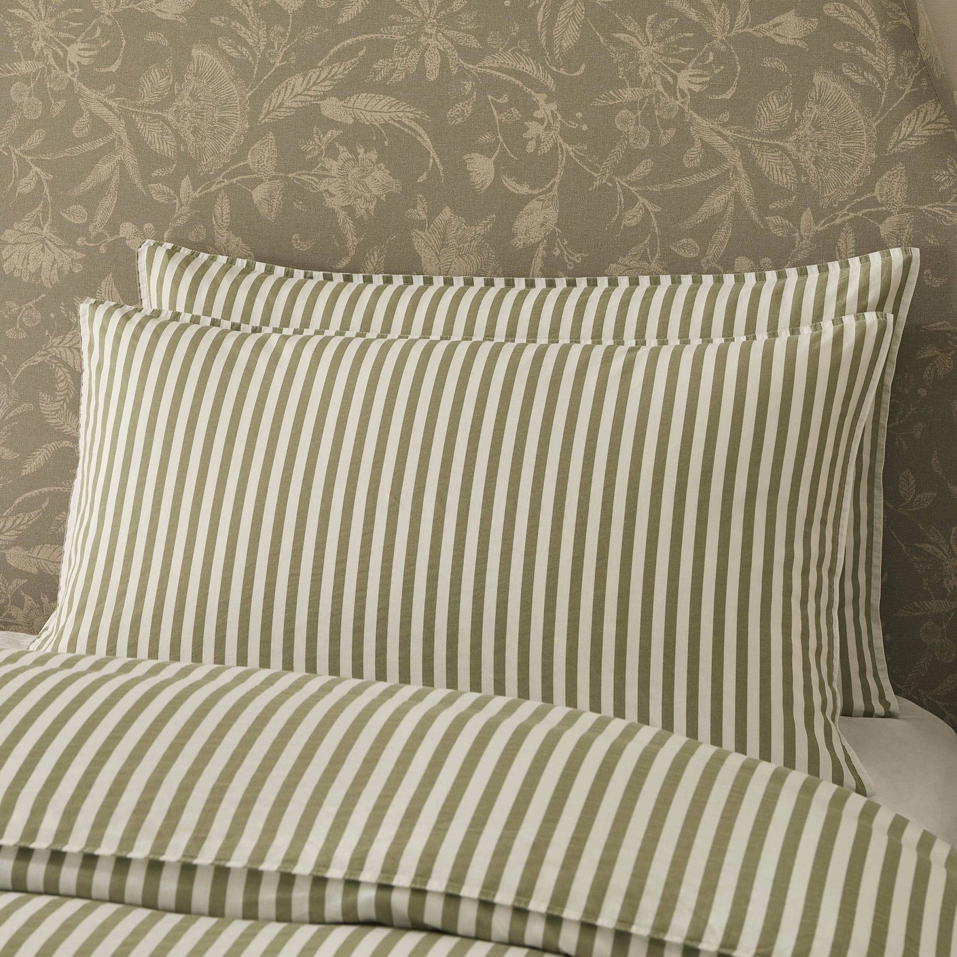 Washed Cotton Printed Stripe 200 Thread Count Duvet Cover & Pillowcase Set - Olive - DUSK