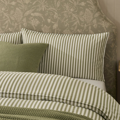 Washed Cotton Printed Stripe 200 Thread Count Duvet Cover & Pillowcase Set - Olive - DUSK