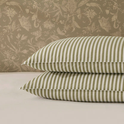 Washed Cotton Printed Stripe 200 Thread Count Duvet Cover & Pillowcase Set - Olive - DUSK