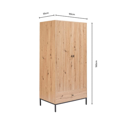 Willow 2 Door Wardrobe with Drawer - Light Wood - DUSK