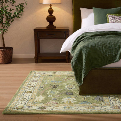 Wool Floral Pattern Rug - Green - DUSK
