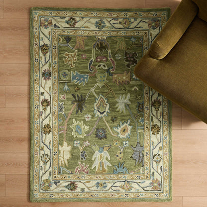 Wool Floral Pattern Rug - Green - DUSK