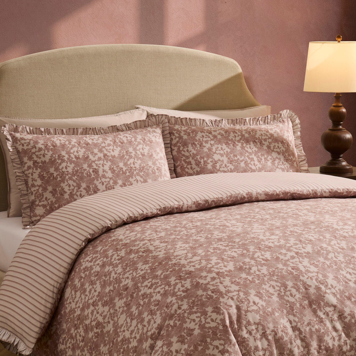 Wren Floral Stripe Reversible Duvet Cover Set - Natural - DUSK
