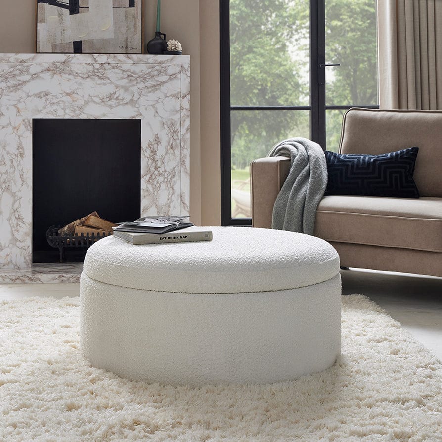 Bouclé Round Storage Pouffe - Off White - DUSK