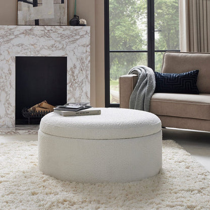 Bouclé Round Storage Pouffe - Off White - DUSK