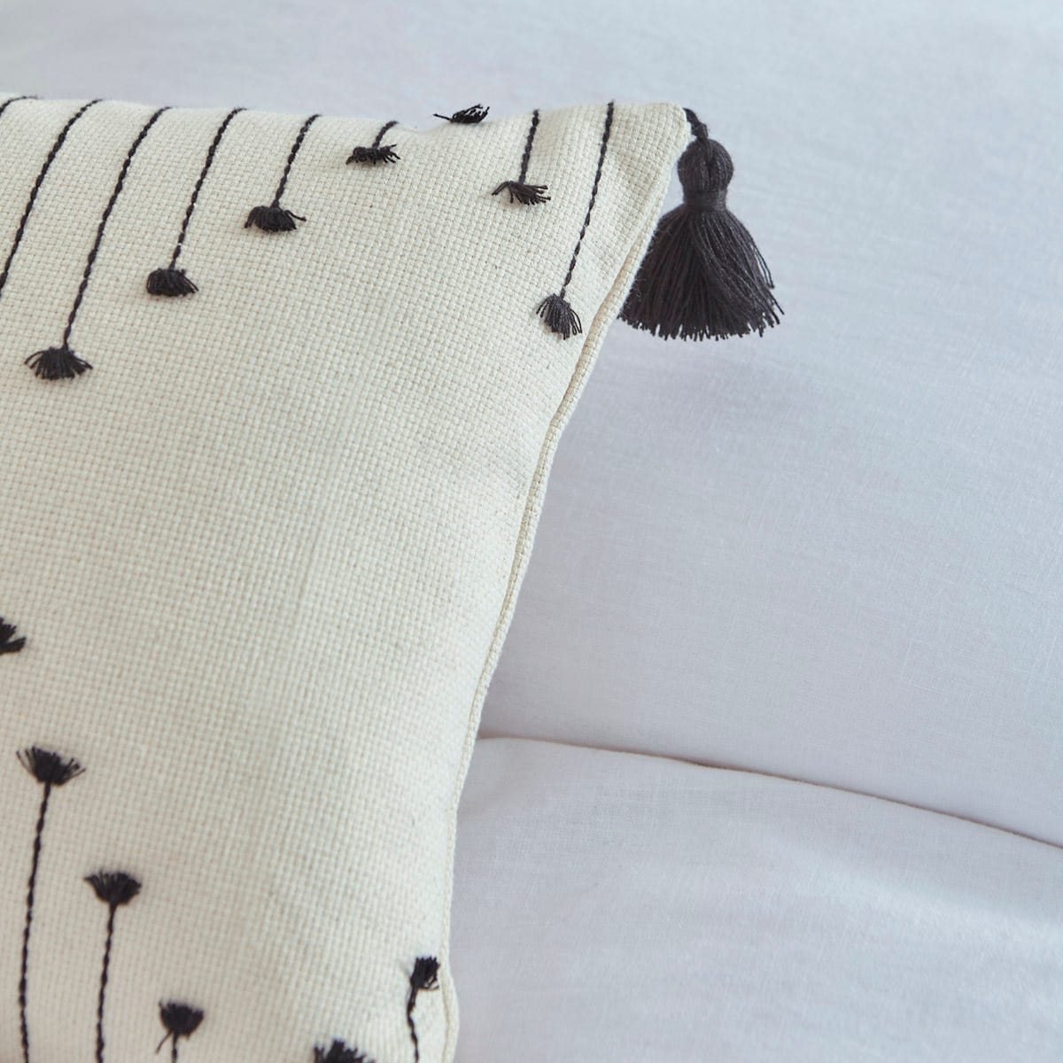 Embroidered Tasselled Tufted Cushion Cover - Natural/Black - DUSK