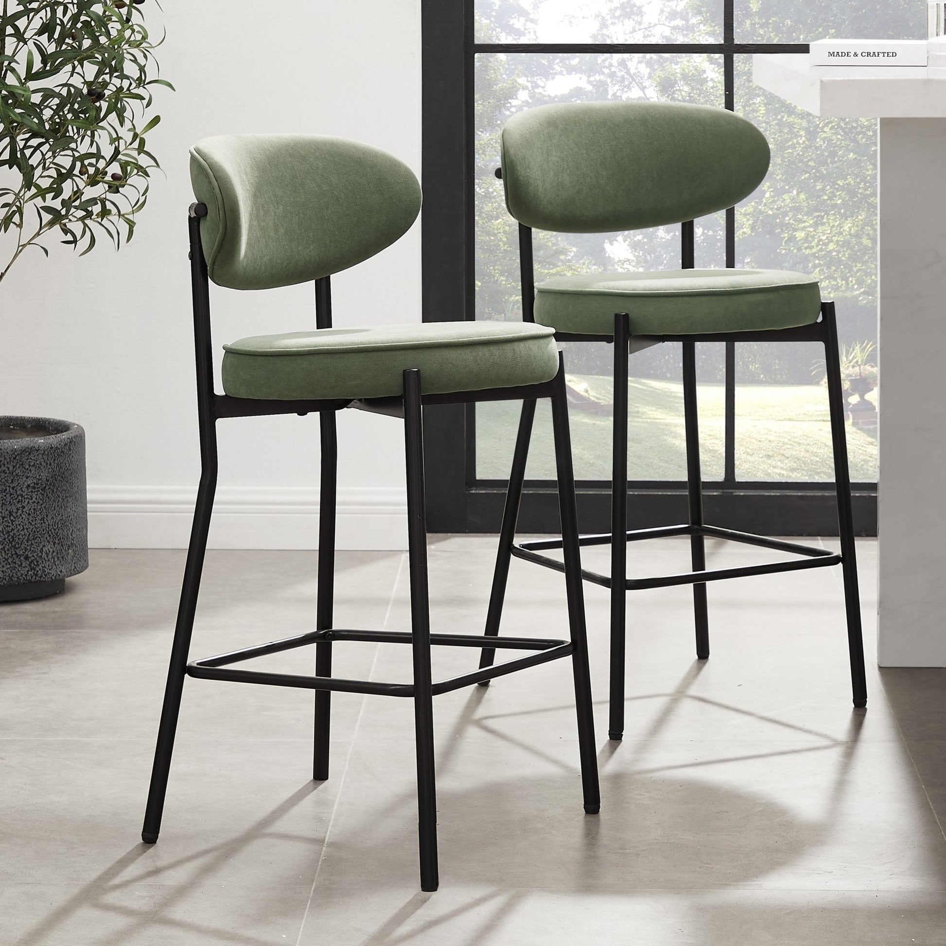 Mia Set of 2 Barstools - Matte Velvet - Sage Green - DUSK