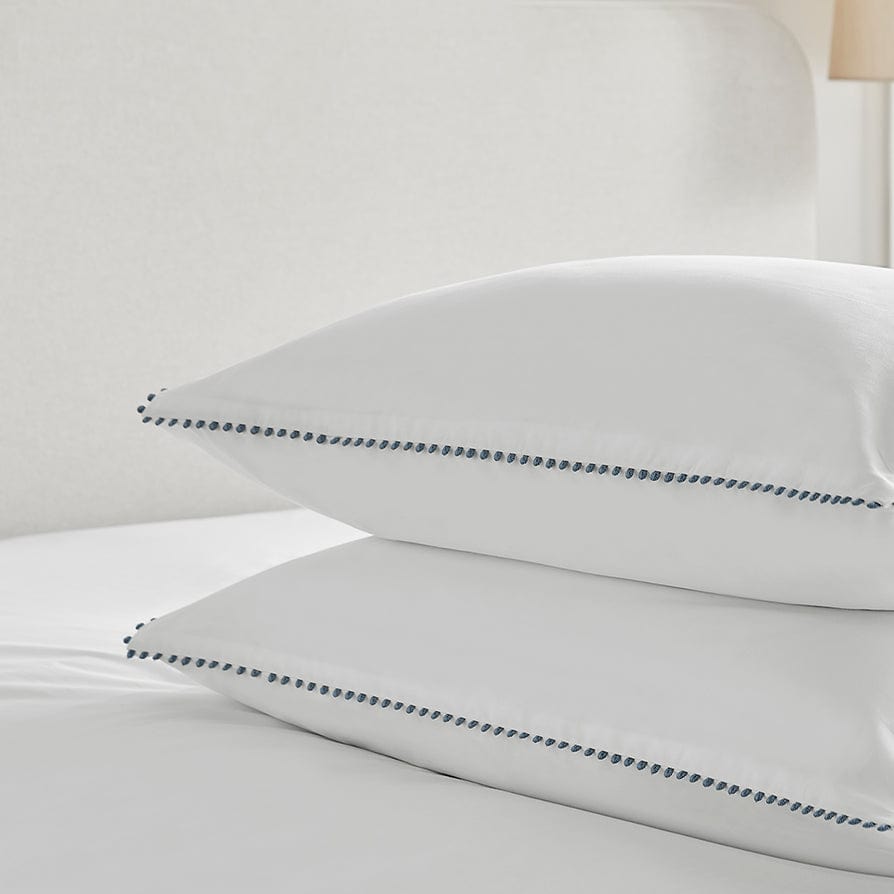 Pair of Girona Pillowcases - 200 TC - Cotton - White/Blue Grey - DUSK