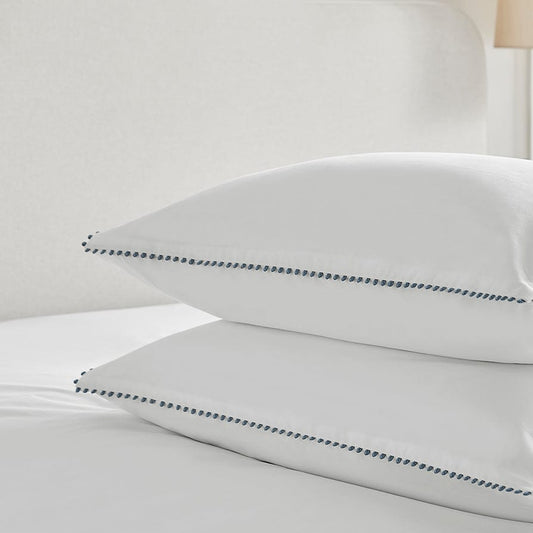 Pair of Girona Pillowcases - 200 TC - Cotton - White/Blue Grey - DUSK 894