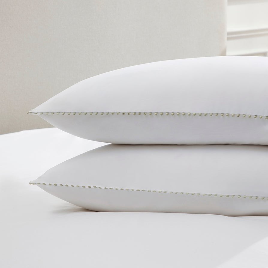 Pair of Girona Pillowcases - 200 TC - Cotton - White/Sage - DUSK