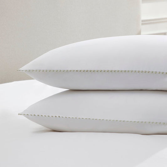 Pair of Girona Pillowcases - 200 TC - Cotton - White/Sage - DUSK 894